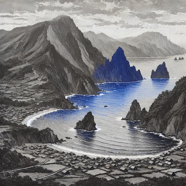 A monotone island landscape inspired by Sado Island in Japan, depicted in an oil painting style. The entire scene is in shades of gray.