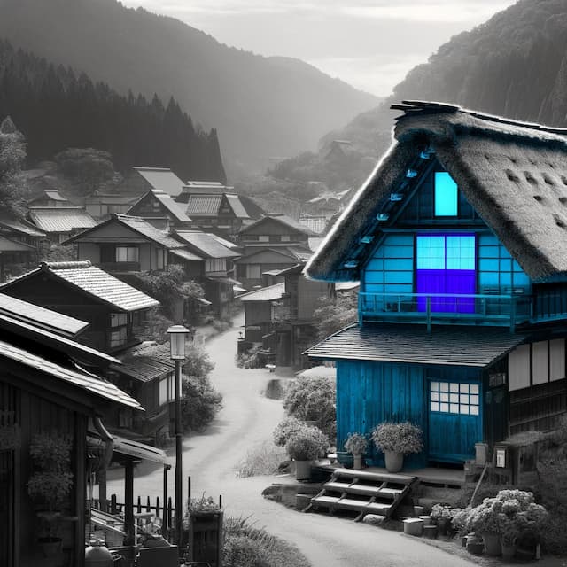 Japanese village scene with the indigo highlight