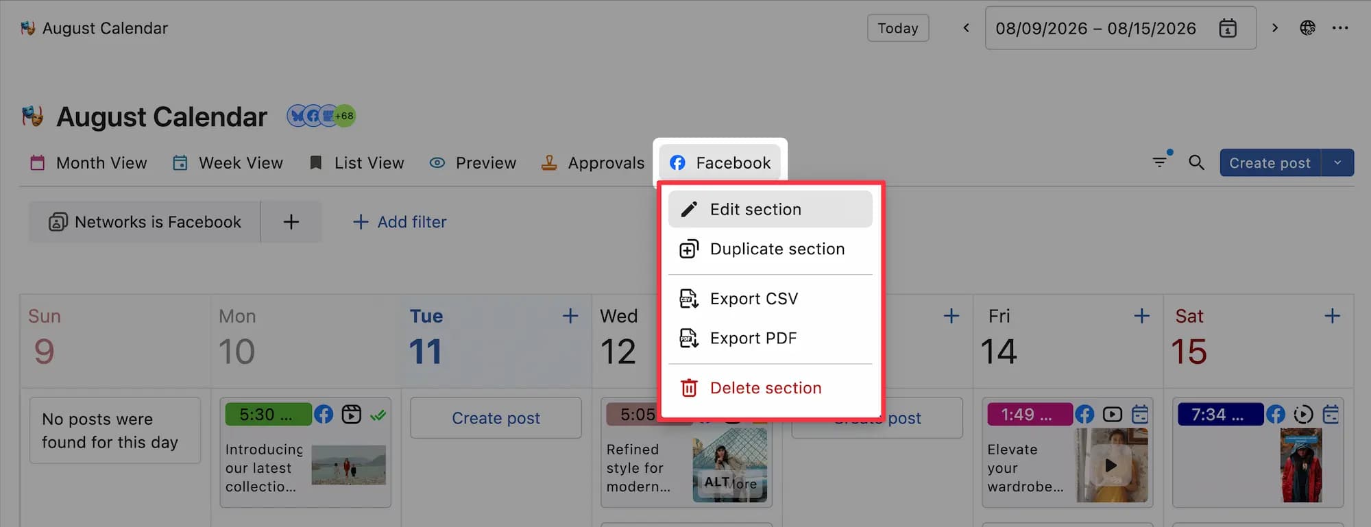 how to Edit section, Duplicate section, Export CSV, Export PDF, Delete section in a project in statusbrew